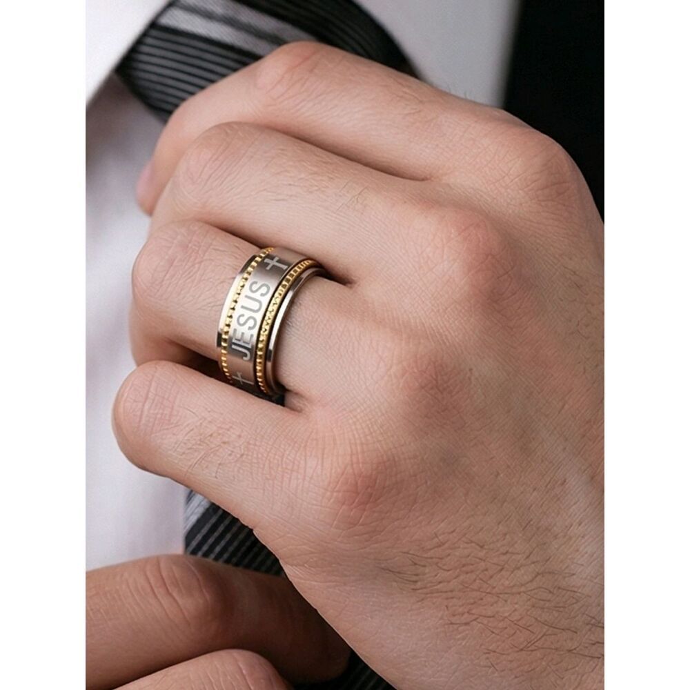 Men’s Jesus Ring Two-Tone Stainless Steel Faith Band Size 8 8mm Gold Silver Core